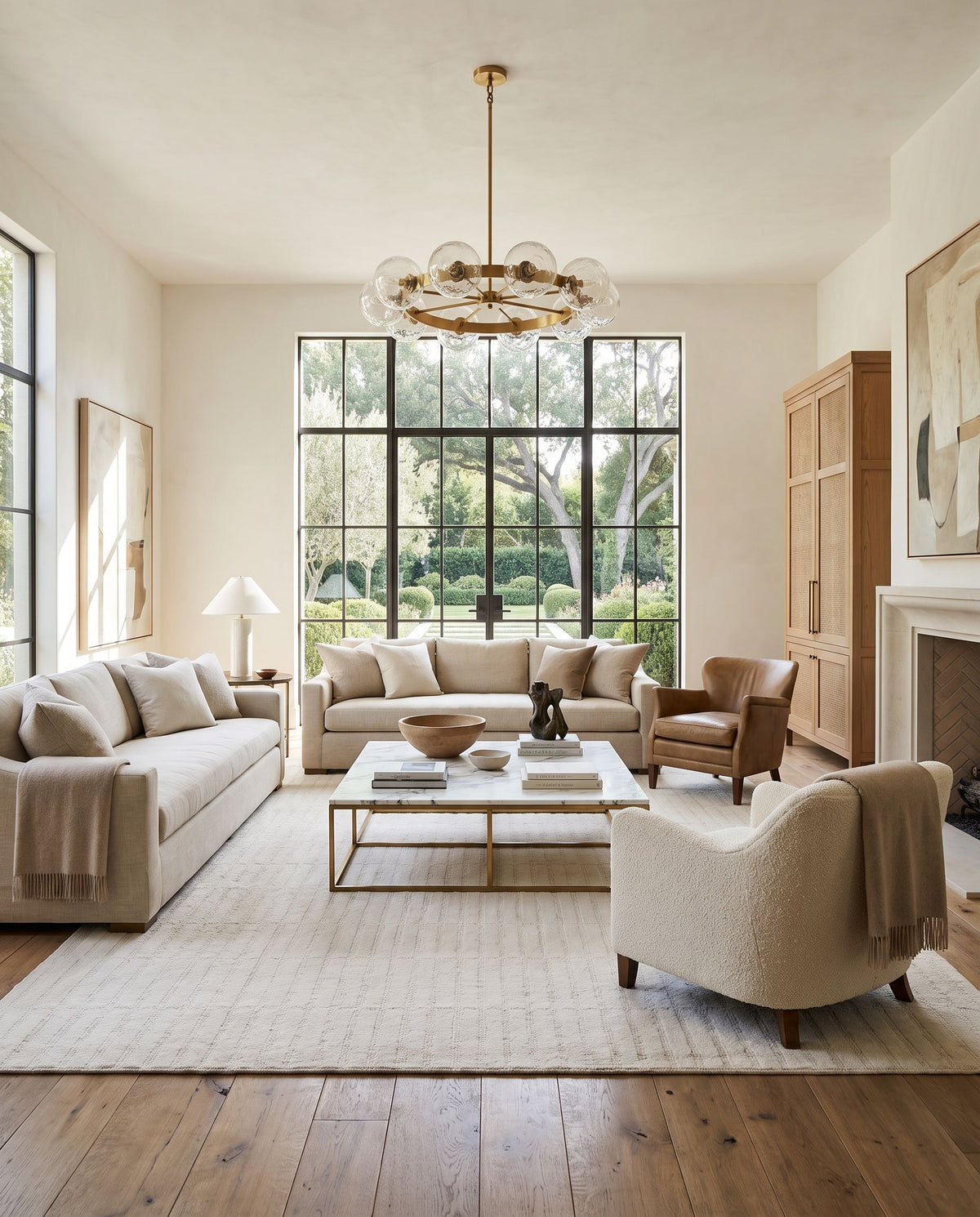 Alacati Hand Tufted Rug styled in an elegant designer living room — hand tufted modern area rug in cream and off-white tones