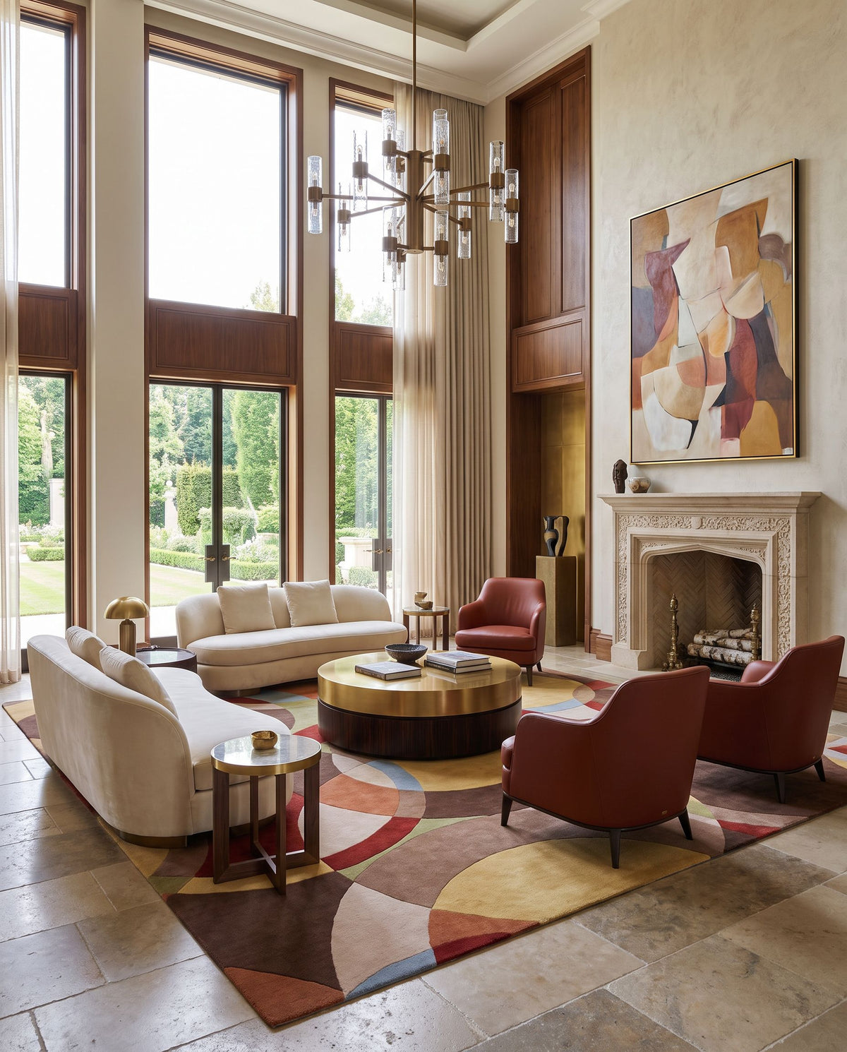 Alcyone Hand Tufted Rug as the centerpiece of a bright luxury living room — a hand tufted modern area rug in dark brown, burnt orange, medium gray and tan tones