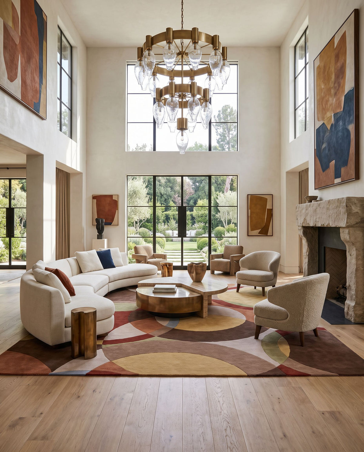 Alcyone Hand Tufted Rug styled in an elegant designer living room — hand tufted modern area rug in dark brown, burnt orange, medium gray and tan tones