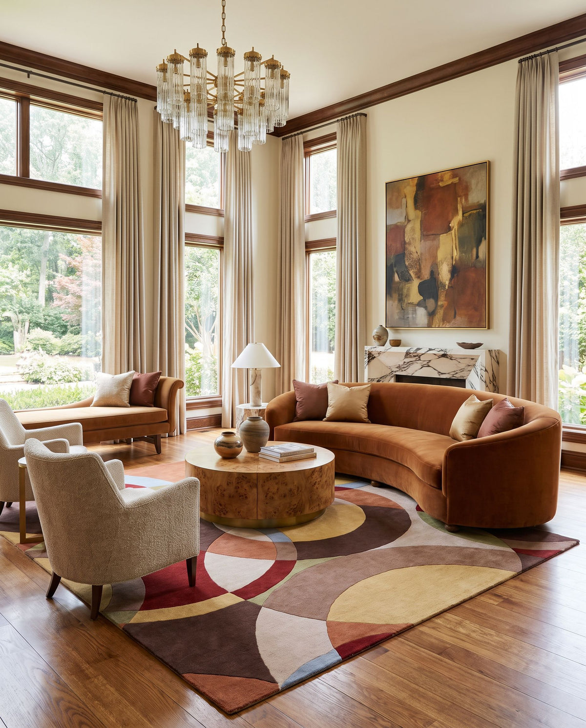 Alcyone Hand Tufted Rug styled in an elegant designer living room — hand tufted modern area rug in dark brown, burnt orange, medium gray and tan tones