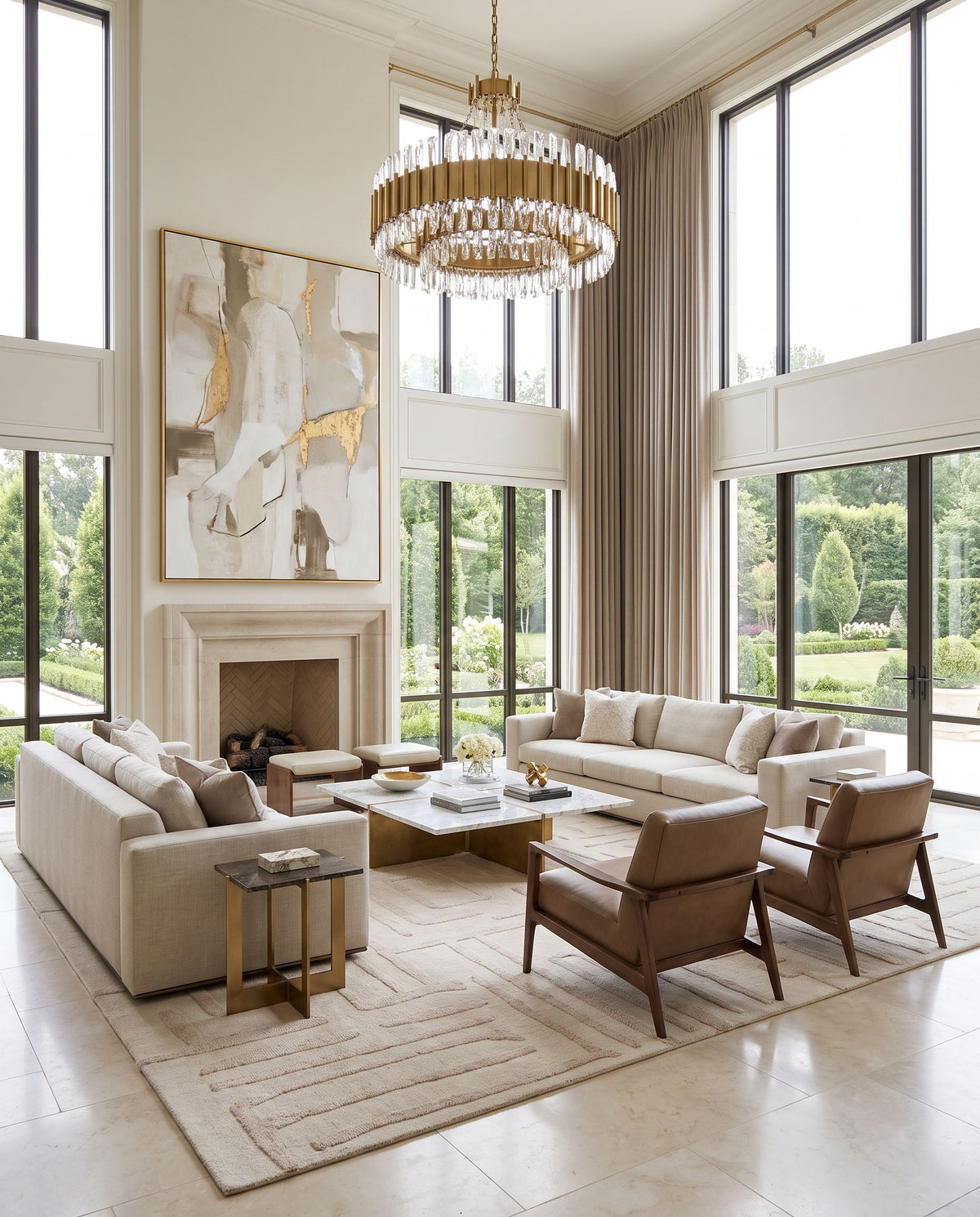 Andros Hand Tufted Rug as the centerpiece of a bright luxury living room — a hand tufted modern area rug in beige, ivory and cream tones