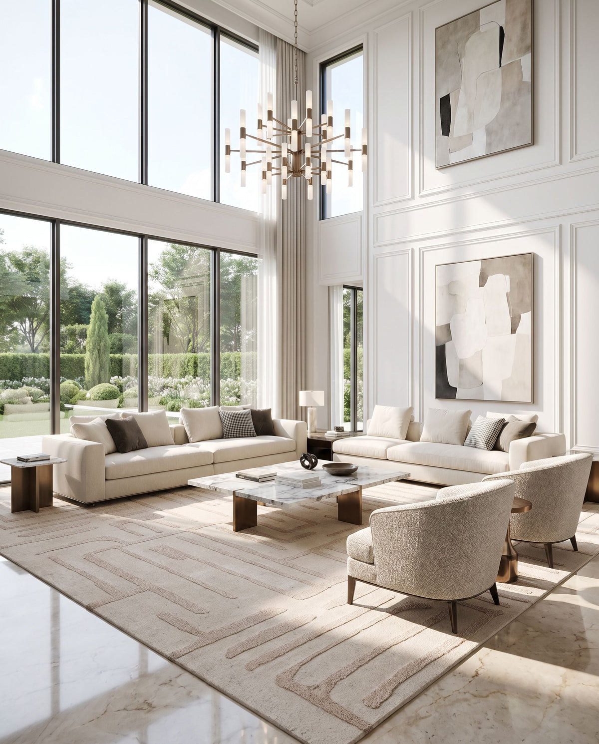 Andros Hand Tufted Rug styled in an elegant designer living room — hand tufted modern area rug in beige, ivory and cream tones