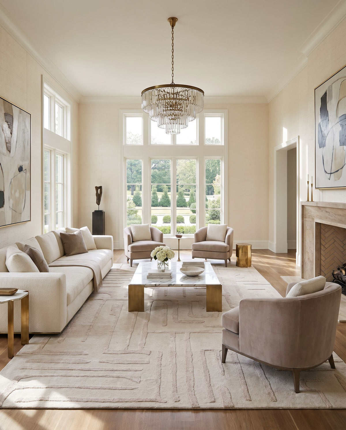 Andros Hand Tufted Rug styled in an elegant designer living room — hand tufted modern area rug in beige, ivory and cream tones