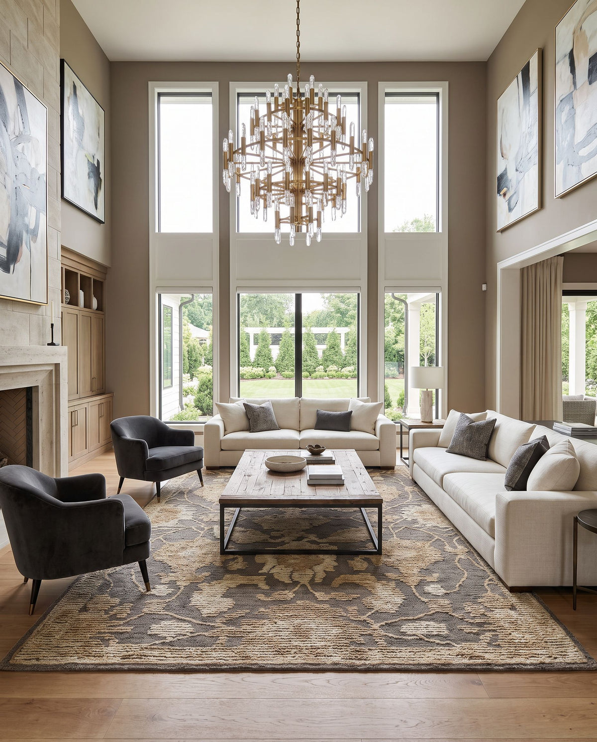 Akdeniz Hand Tufted Rug as the centerpiece of a bright luxury living room — a hand tufted traditional area rug in warm neutral tones