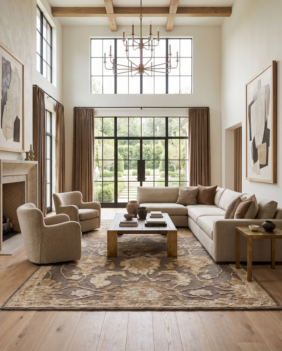 Akdeniz Hand Tufted Rug styled in an elegant designer living room — hand tufted traditional area rug in warm neutral tones