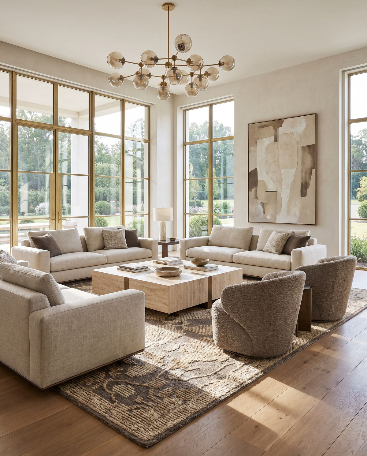 Akdeniz Hand Tufted Rug styled in an elegant designer living room — hand tufted traditional area rug in warm neutral tones