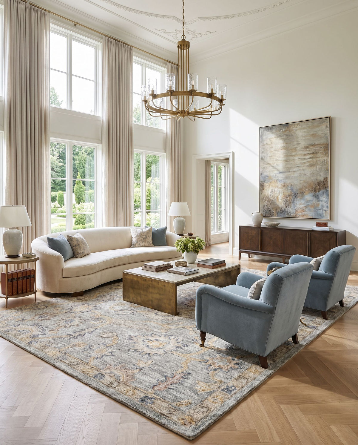 Alesund Hand Tufted Rug as the centerpiece of a bright luxury living room — a hand tufted traditional area rug in pewter, ivory, blush and slate tones