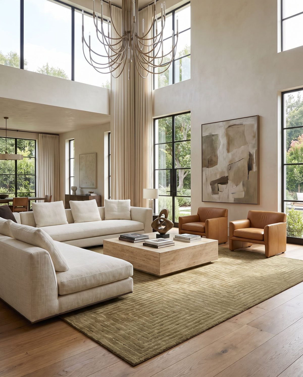 Alonissos Hand Tufted Rug as the centerpiece of a bright luxury living room — a hand tufted global area rug in warm neutral tones