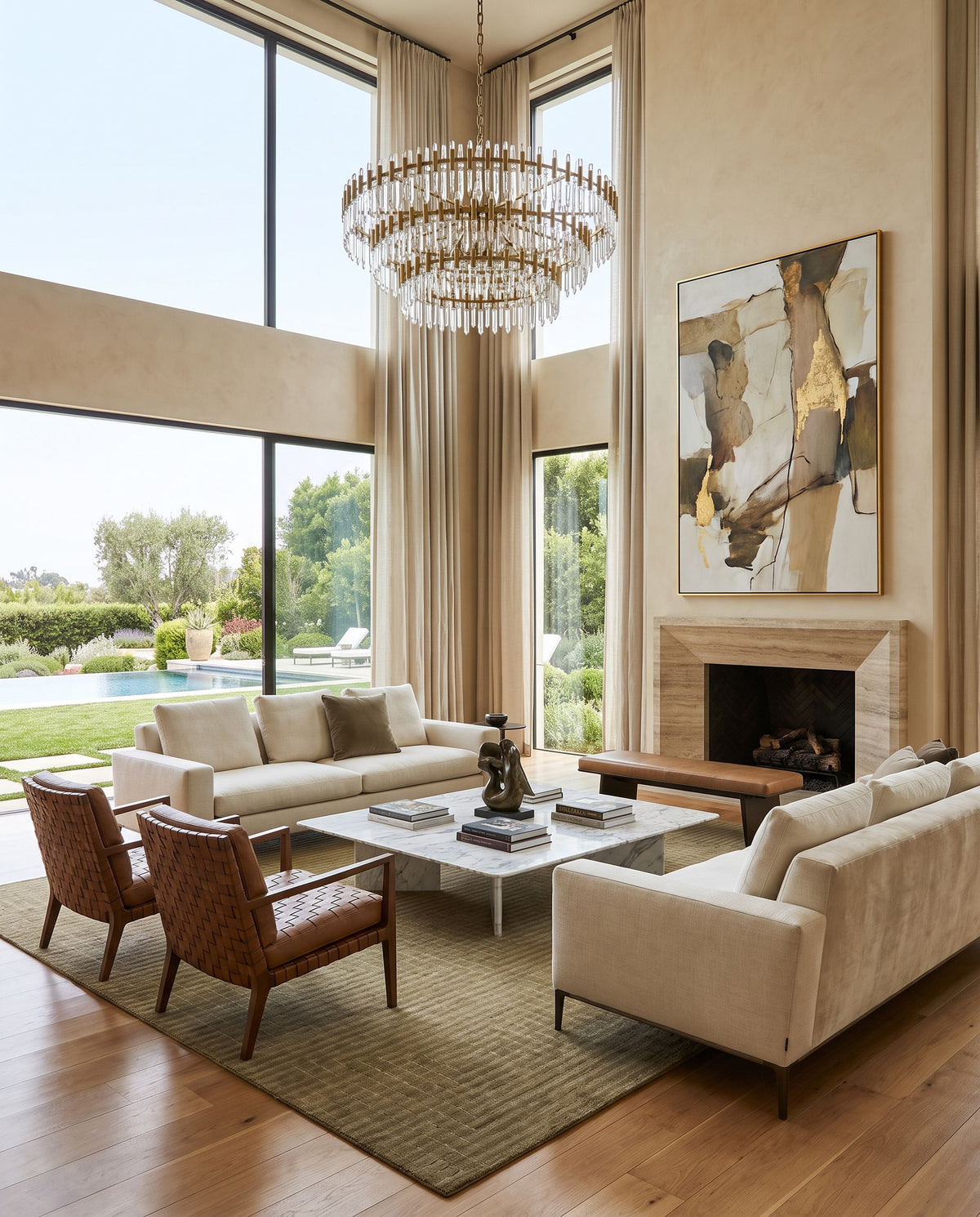 Alonissos Hand Tufted Rug styled in an elegant designer living room — hand tufted global area rug in warm neutral tones
