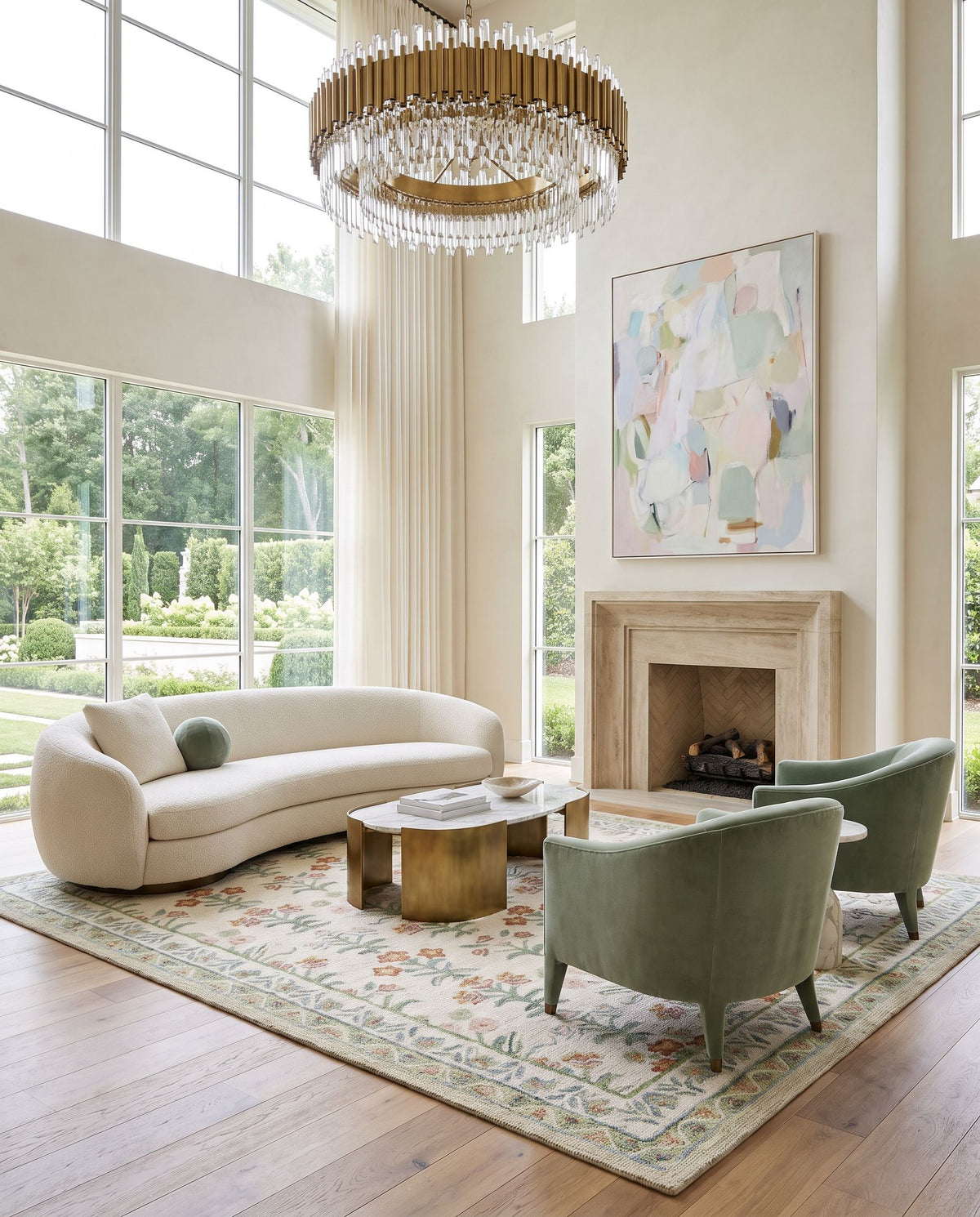 Anouk Hand Tufted Rug as the centerpiece of a bright luxury living room — a hand tufted global area rug in ivory, sage, terracotta and rose tones