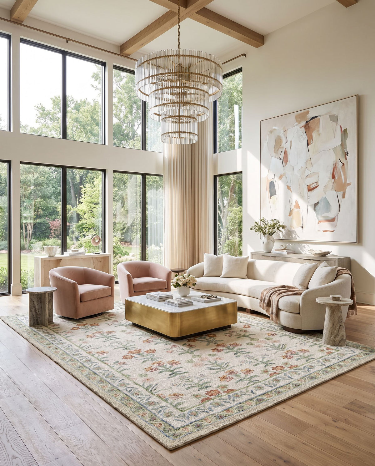 Anouk Hand Tufted Rug styled in an elegant designer living room — hand tufted global area rug in ivory, sage, terracotta and rose tones