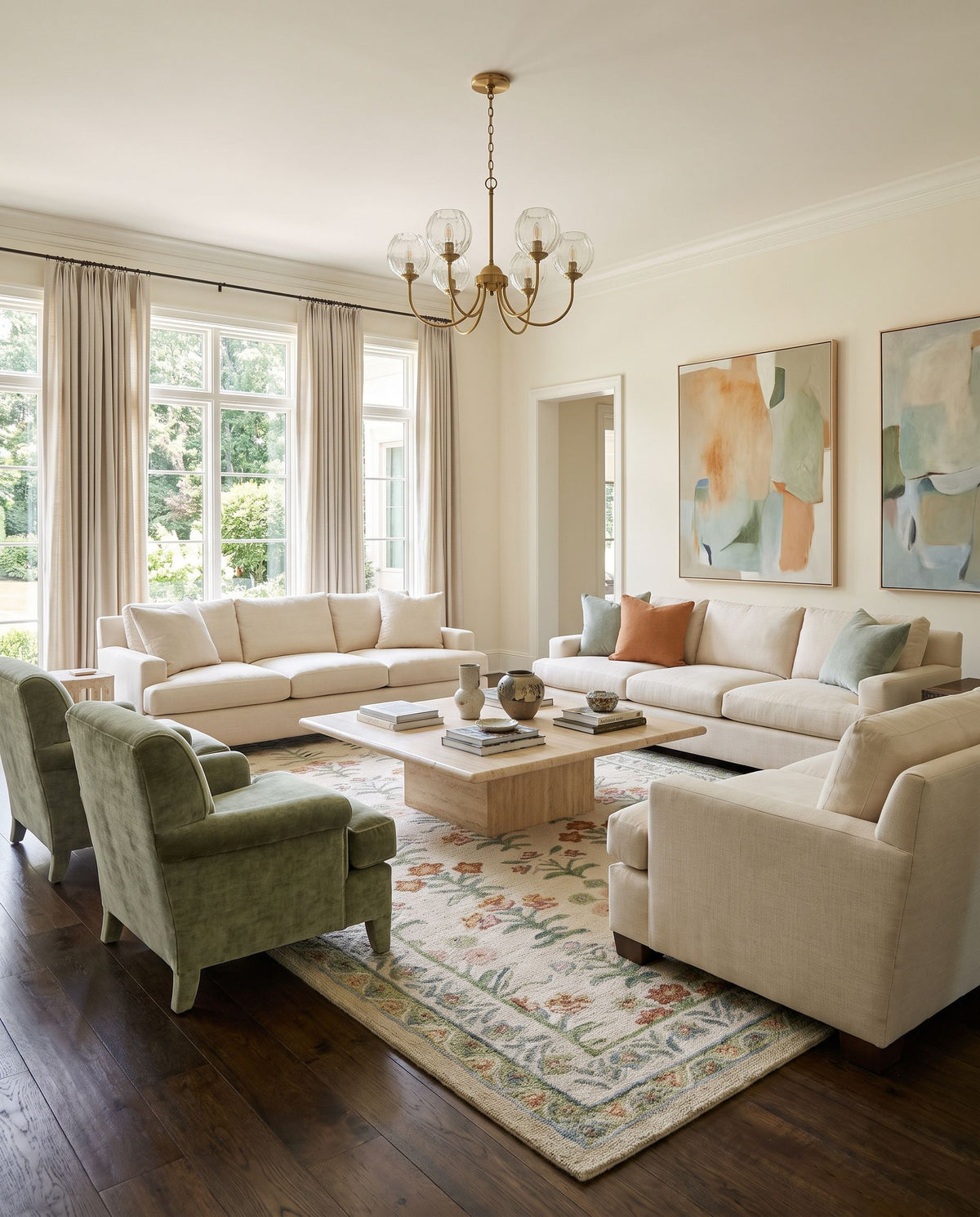 Anouk Hand Tufted Rug styled in an elegant designer living room — hand tufted global area rug in ivory, sage, terracotta and rose tones