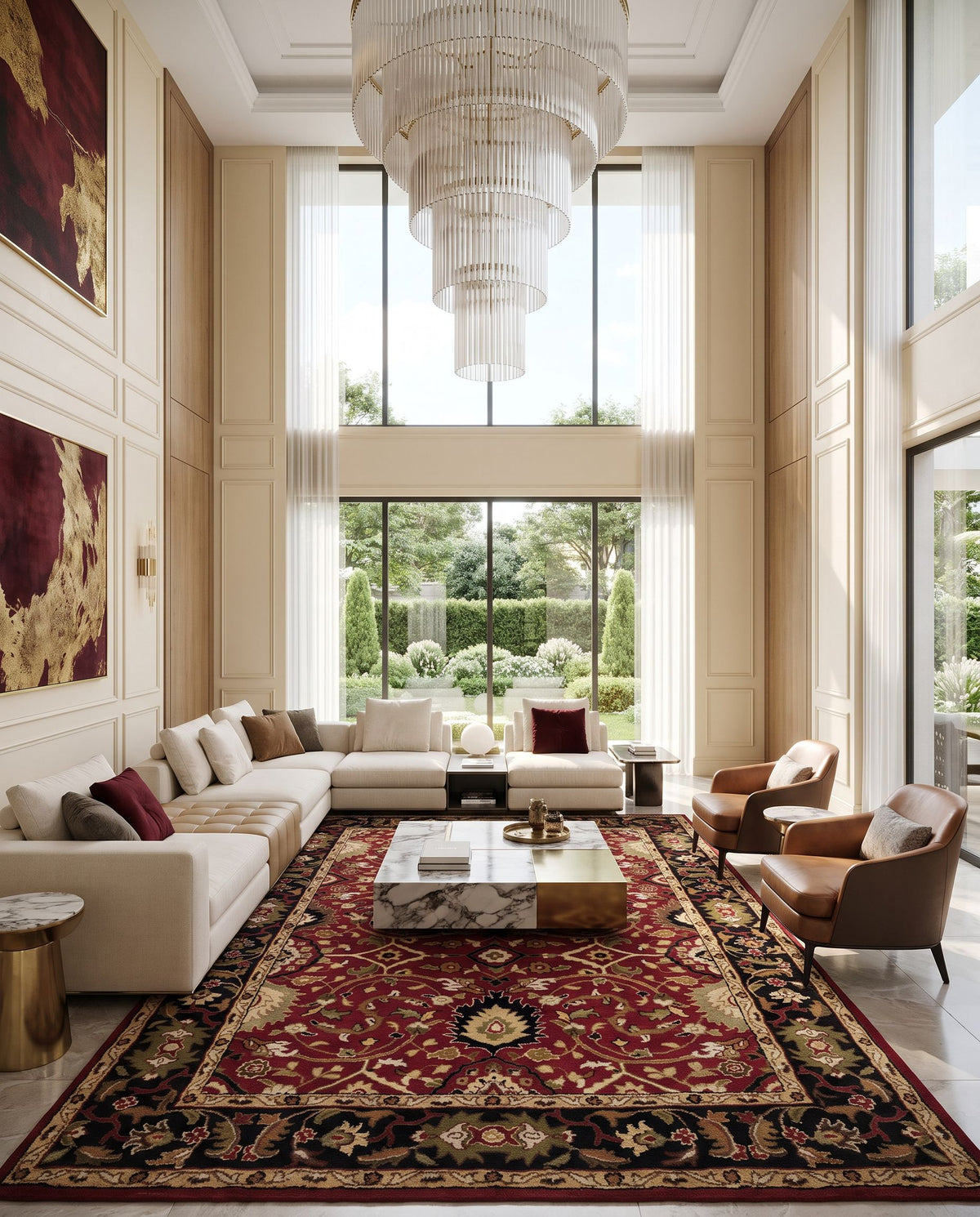 Auriga Hand Tufted Rug as the centerpiece of a bright luxury living room — a hand tufted traditional area rug in burgundy, black, olive and mustard tones