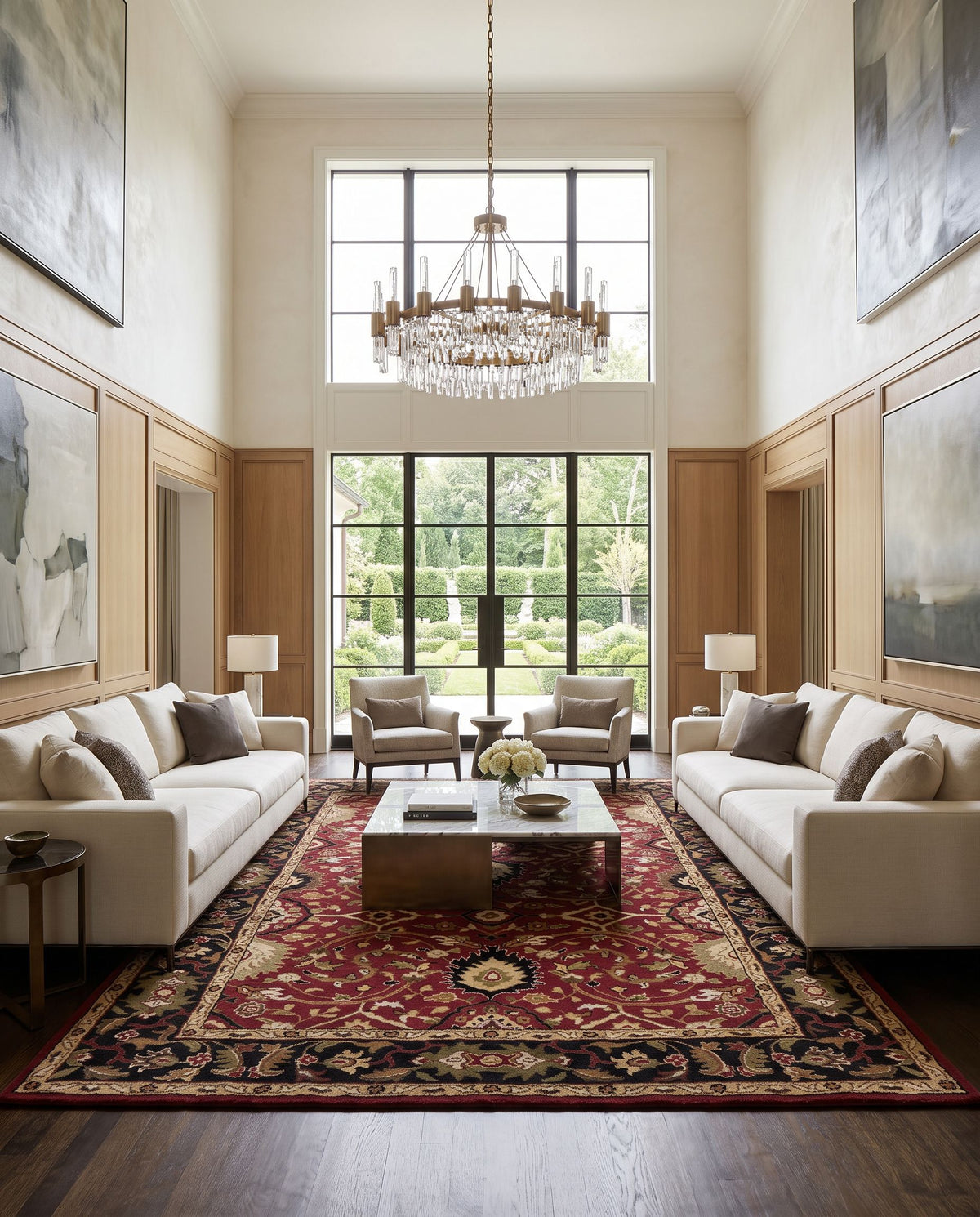 Auriga Hand Tufted Rug styled in an elegant designer living room — hand tufted traditional area rug in burgundy, black, olive and mustard tones