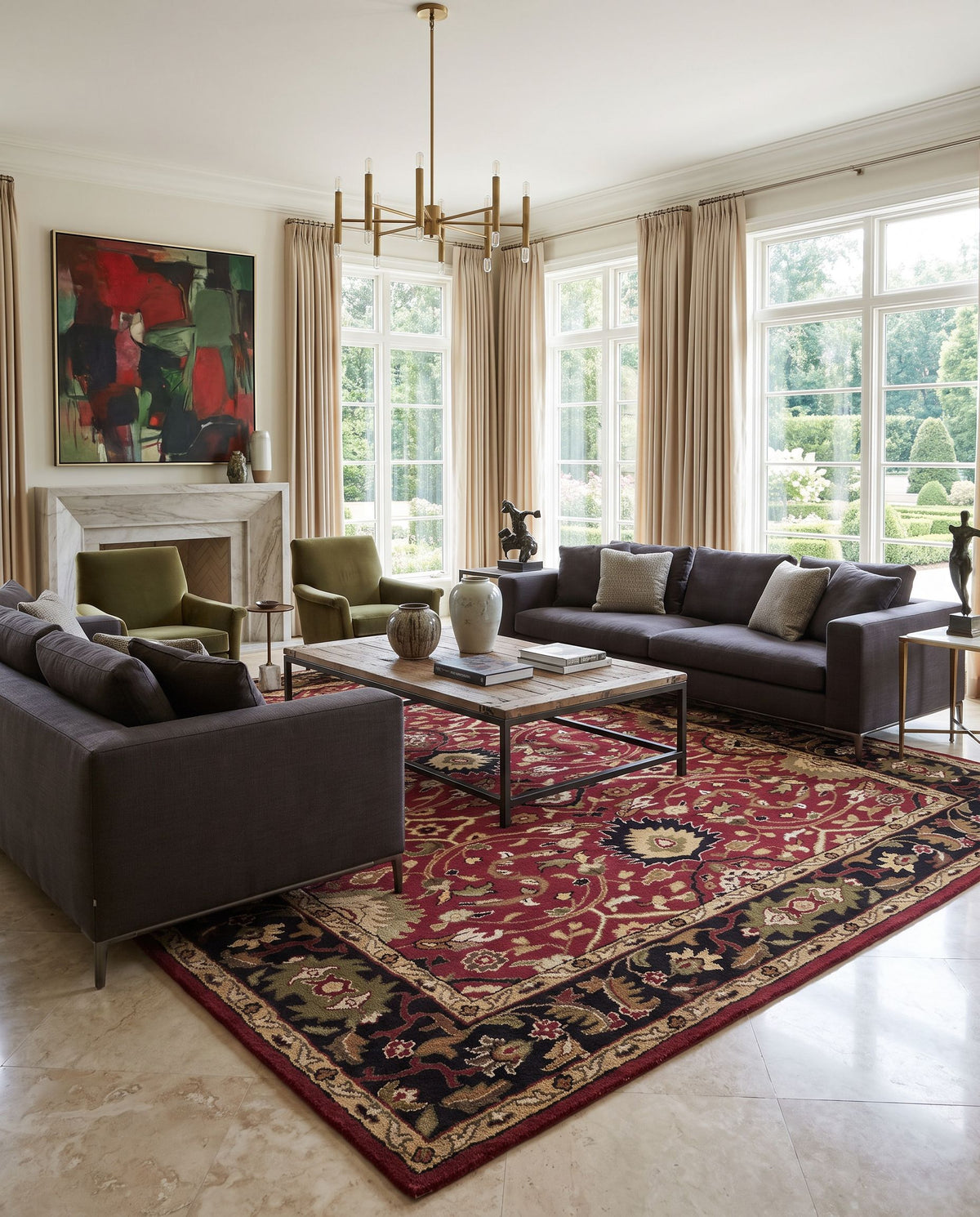 Auriga Hand Tufted Rug styled in an elegant designer living room — hand tufted traditional area rug in burgundy, black, olive and mustard tones
