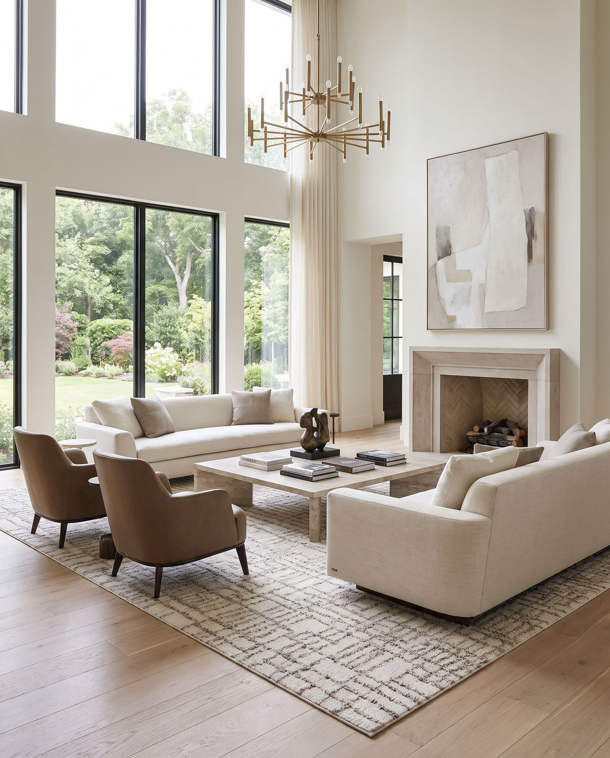 Avanos Hand Tufted Rug as the centerpiece of a bright luxury living room — a hand tufted cottage area rug in ivory, taupe and stone gray tones