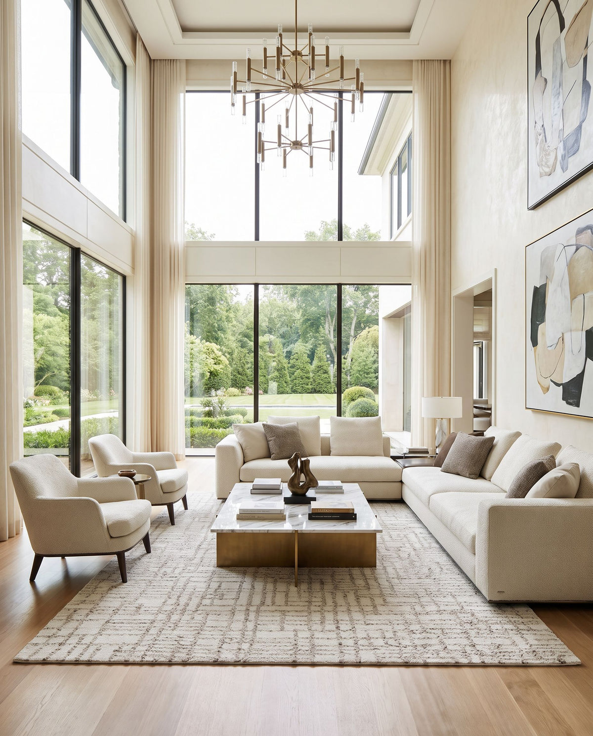 Avanos Hand Tufted Rug styled in an elegant designer living room — hand tufted cottage area rug in ivory, taupe and stone gray tones