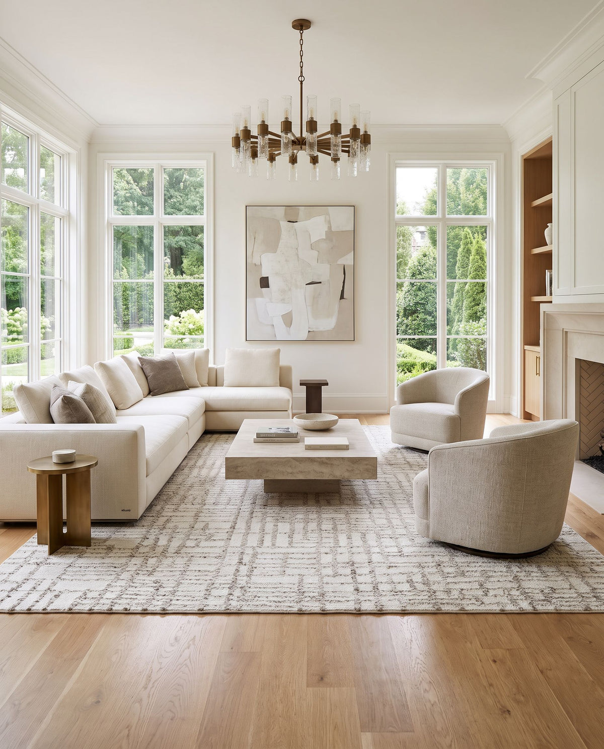 Avanos Hand Tufted Rug styled in an elegant designer living room — hand tufted cottage area rug in ivory, taupe and stone gray tones