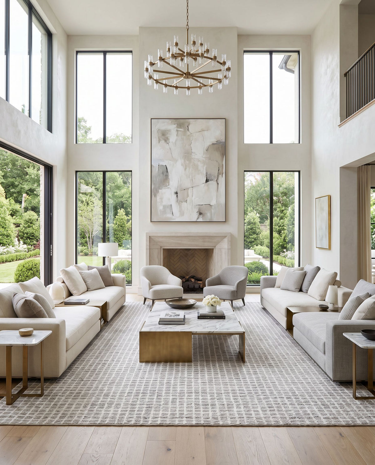 Ayvalik Hand Tufted Rug styled in an elegant designer living room — hand tufted area rug in ivory, dove gray, pearl and ash tones