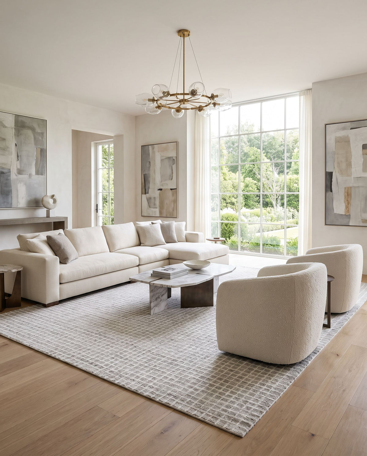 Ayvalik Hand Tufted Rug styled in an elegant designer living room — hand tufted area rug in ivory, dove gray, pearl and ash tones