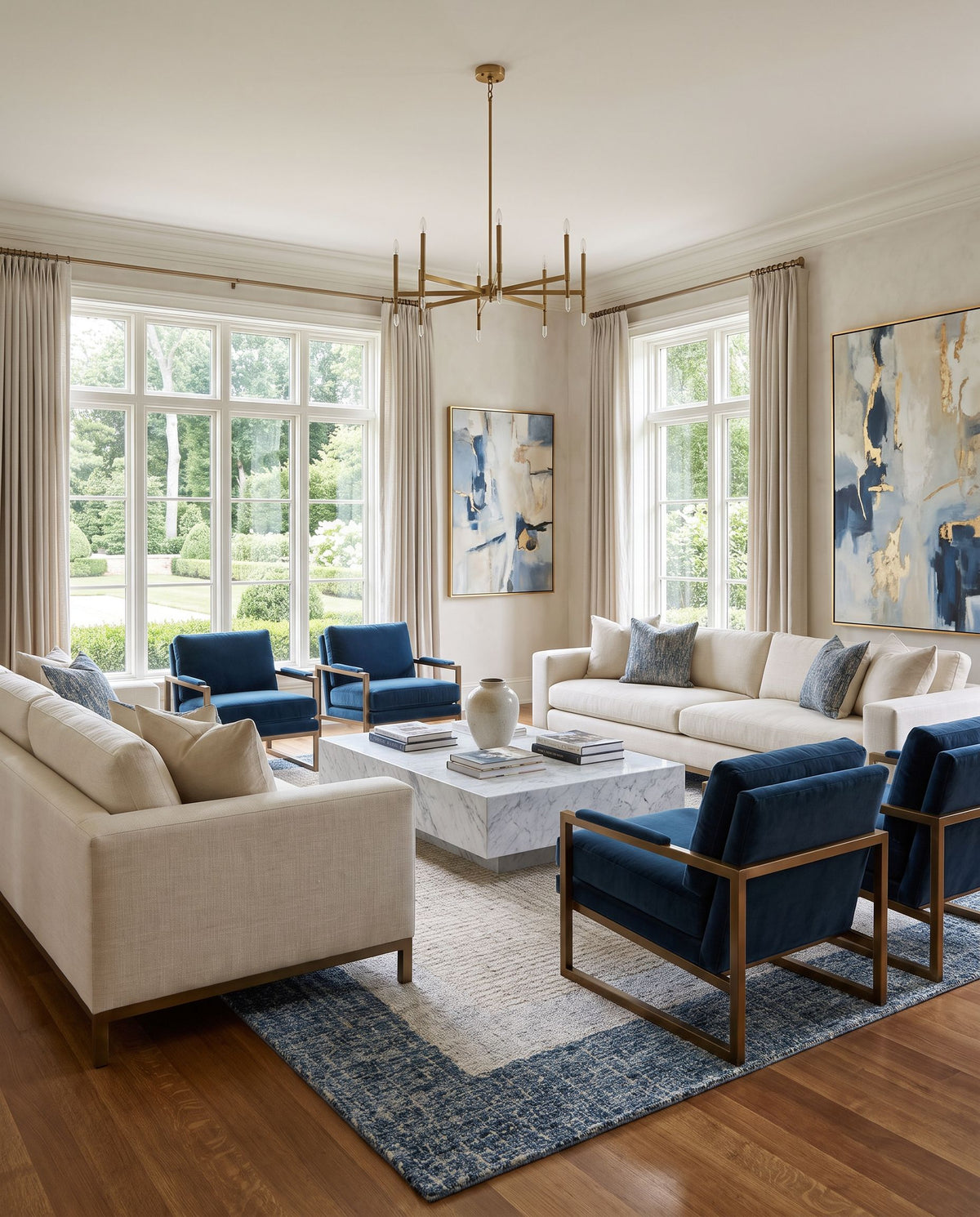 Bordighera Hand Tufted Rug styled in an elegant designer living room — hand tufted modern area rug in teal, light gray, medium gray and cream tones