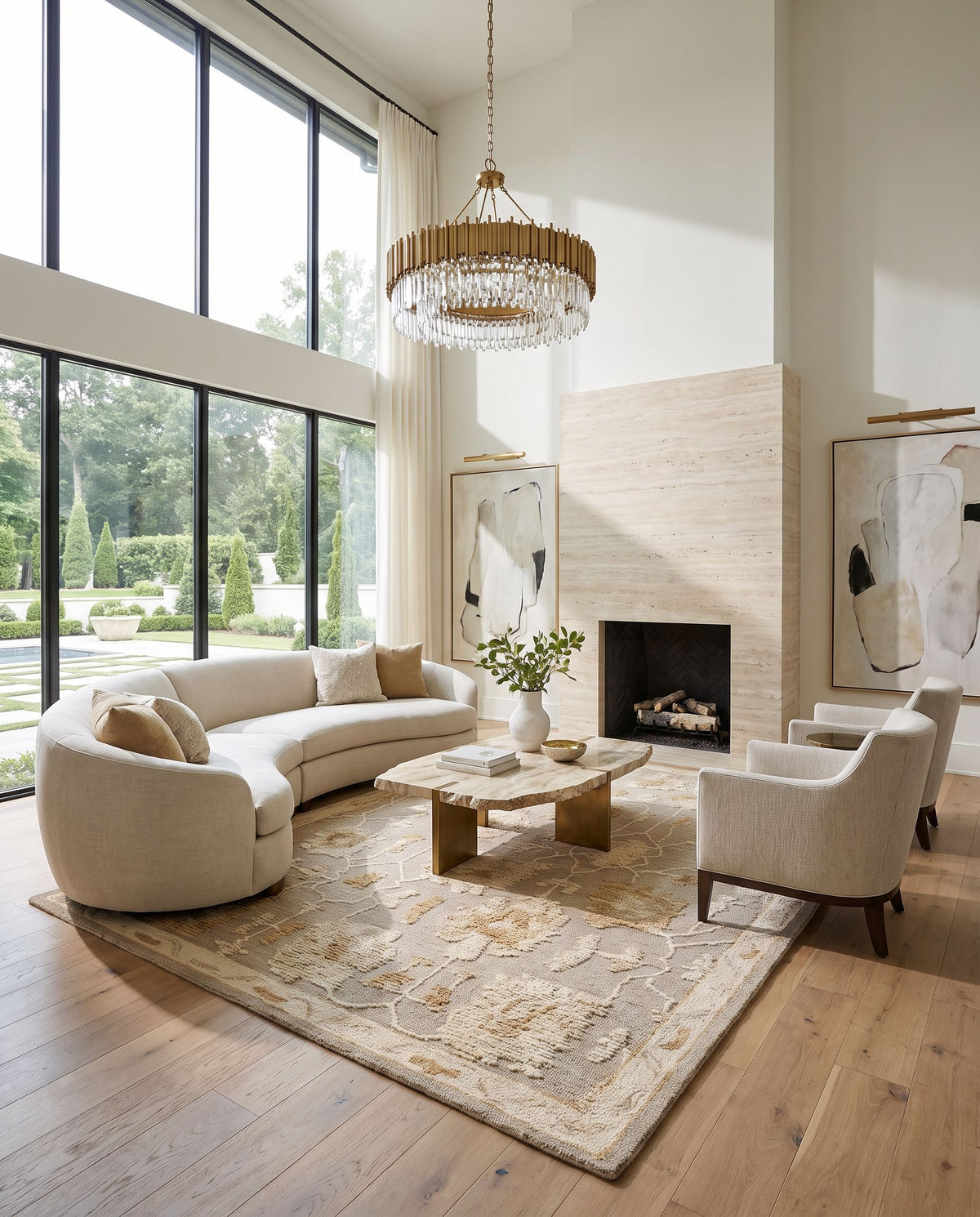 Berko Hand Tufted Rug as the centerpiece of a bright luxury living room — a hand tufted traditional area rug in warm neutral tones