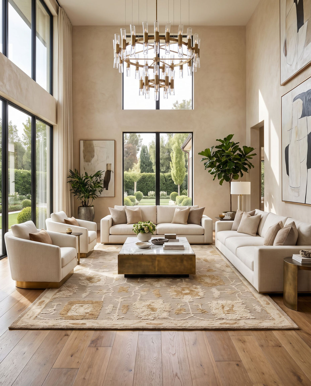 Berko Hand Tufted Rug styled in an elegant designer living room — hand tufted traditional area rug in warm neutral tones