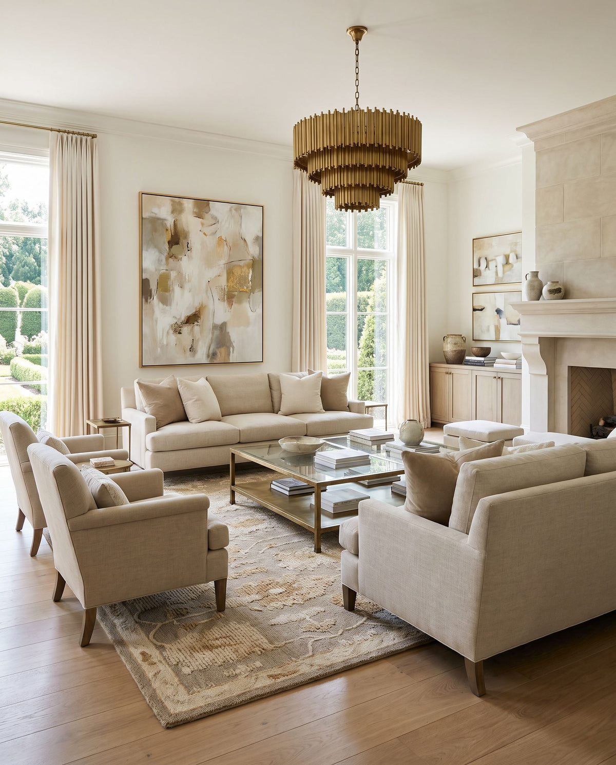 Berko Hand Tufted Rug styled in an elegant designer living room — hand tufted traditional area rug in warm neutral tones