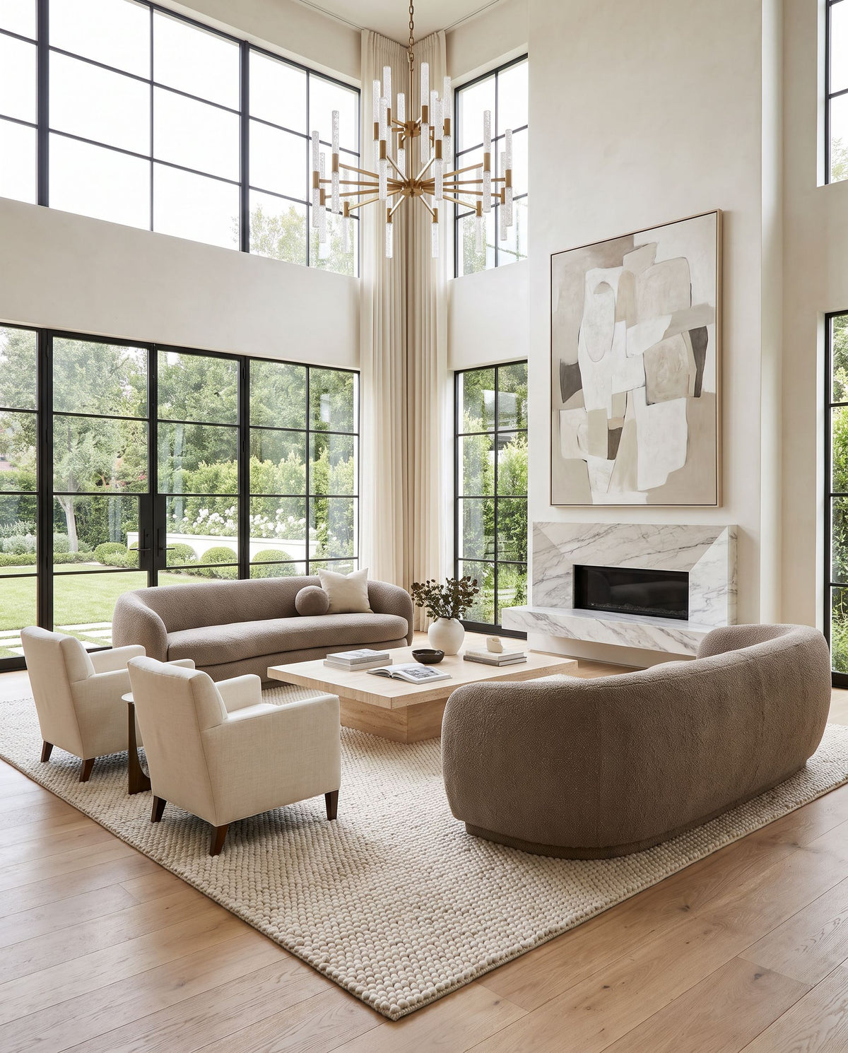Bergama Hand Woven Rug as the centerpiece of a bright luxury living room — a hand woven global area rug in ivory tones