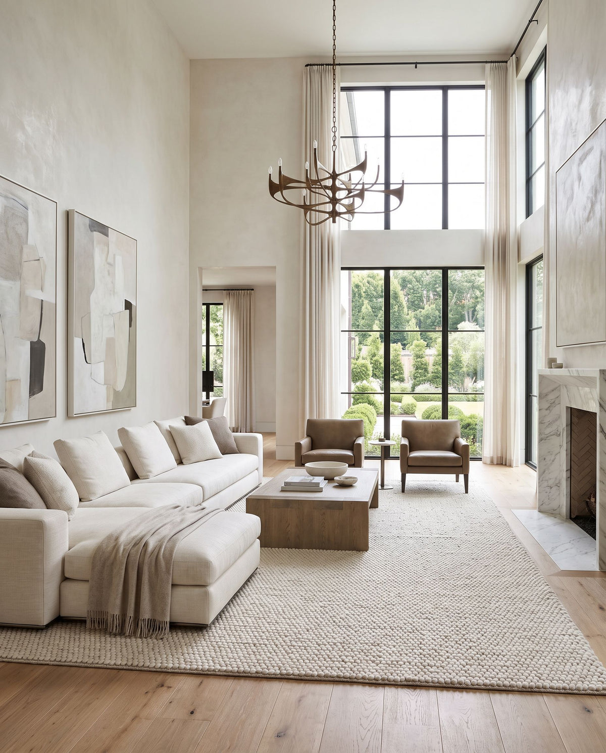 Bergama Hand Woven Rug styled in an elegant designer living room — hand woven global area rug in ivory tones