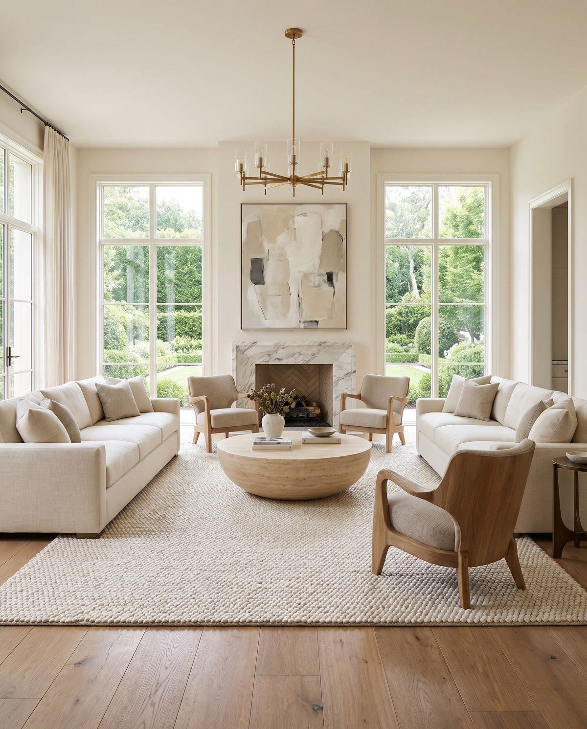 Bergama Hand Woven Rug styled in an elegant designer living room — hand woven global area rug in ivory tones
