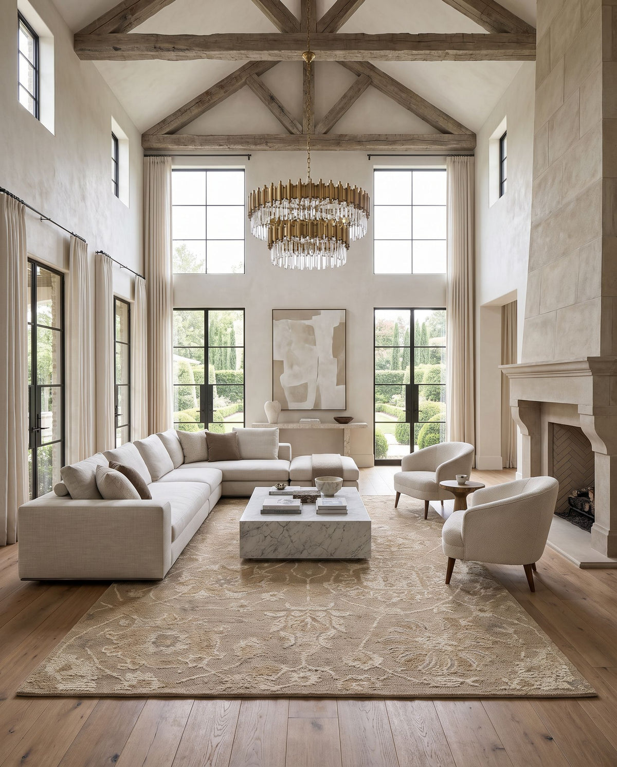 Baglum Hand Tufted Rug as the centerpiece of a bright luxury living room — a hand tufted traditional area rug in warm neutral tones