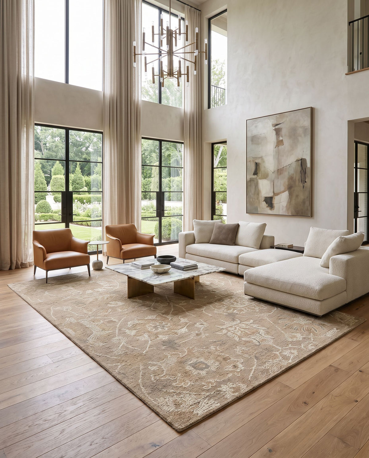 Baglum Hand Tufted Rug styled in an elegant designer living room — hand tufted traditional area rug in warm neutral tones