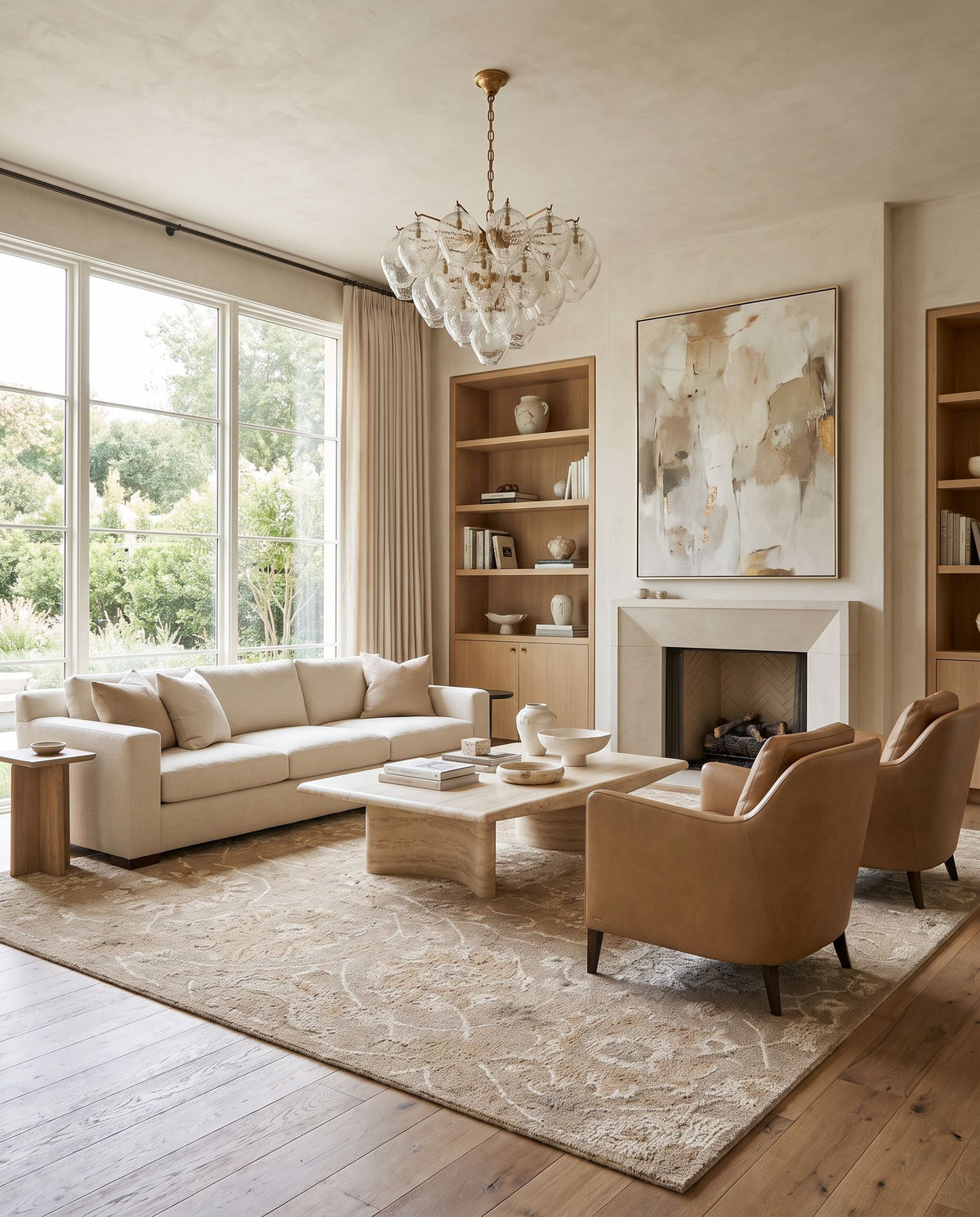 Baglum Hand Tufted Rug styled in an elegant designer living room — hand tufted traditional area rug in warm neutral tones