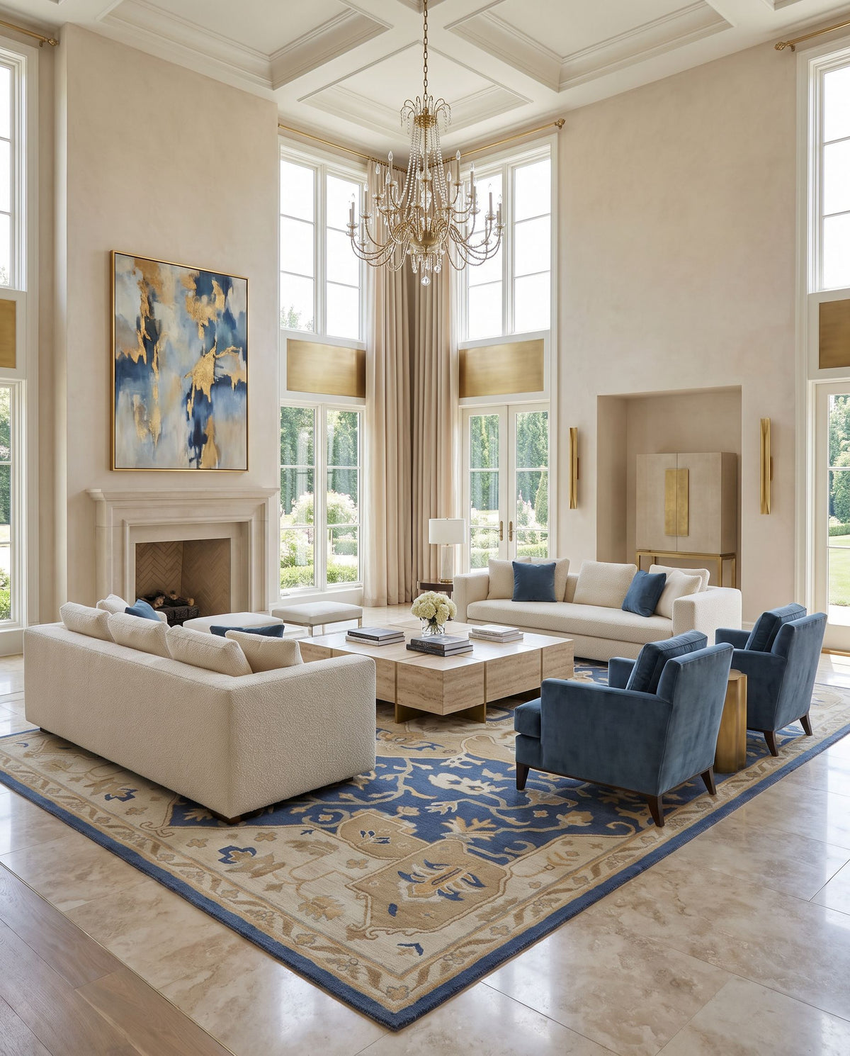 Borealis Hand Tufted Rug as the centerpiece of a bright luxury living room — a hand tufted traditional area rug in ink blue, light gray, taupe and medium gray tones