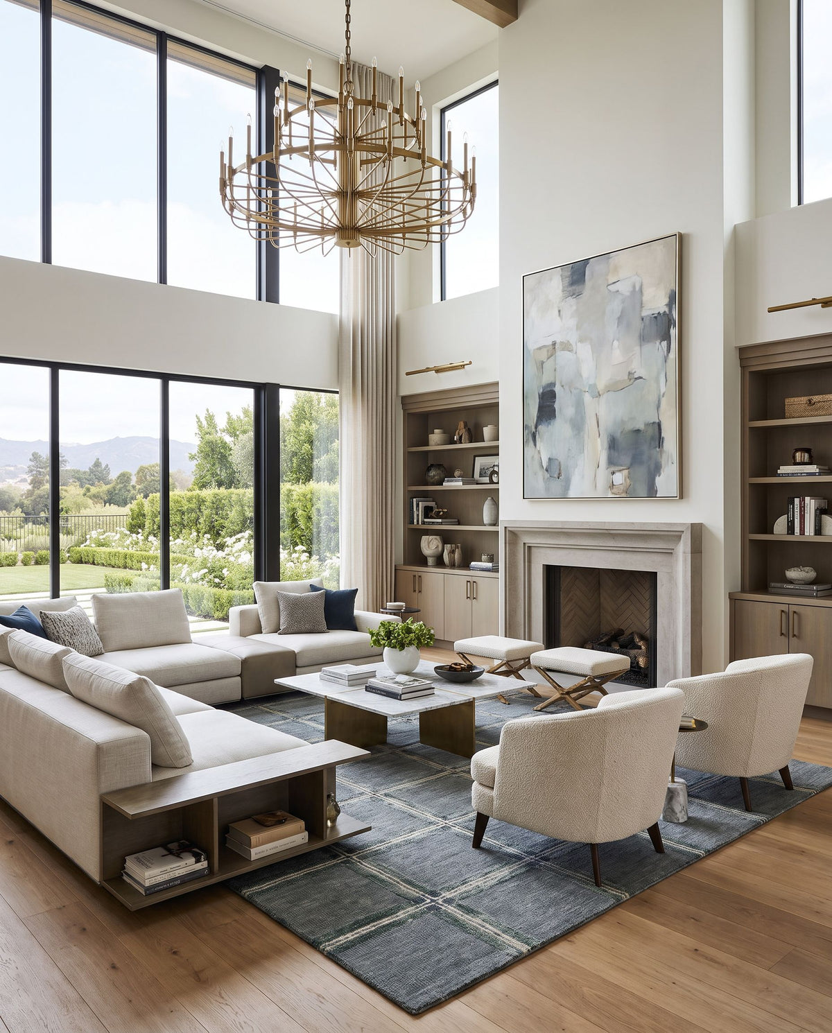 Beyran Hand Tufted Rug as the centerpiece of a bright luxury living room — a hand tufted modern area rug in warm neutral tones