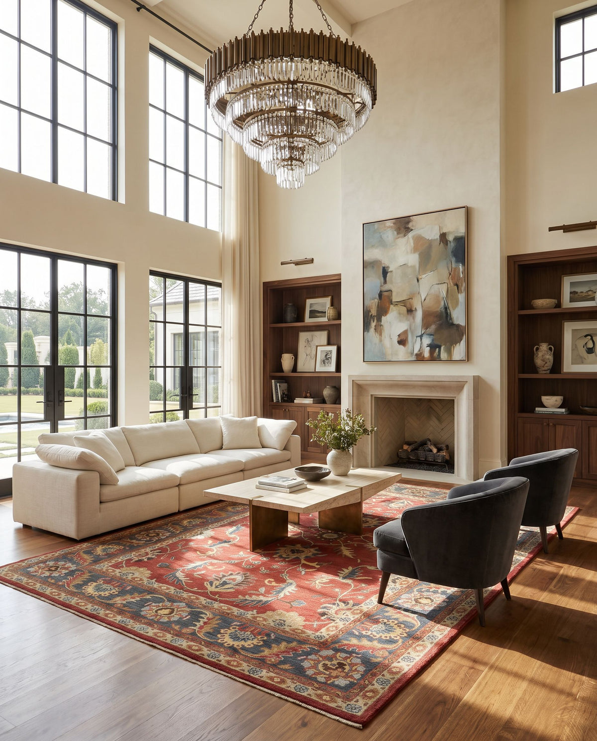 Bryony Hand Tufted Rug as the centerpiece of a bright luxury living room — a hand tufted traditional area rug in navy, taupe, dark brown and rust tones