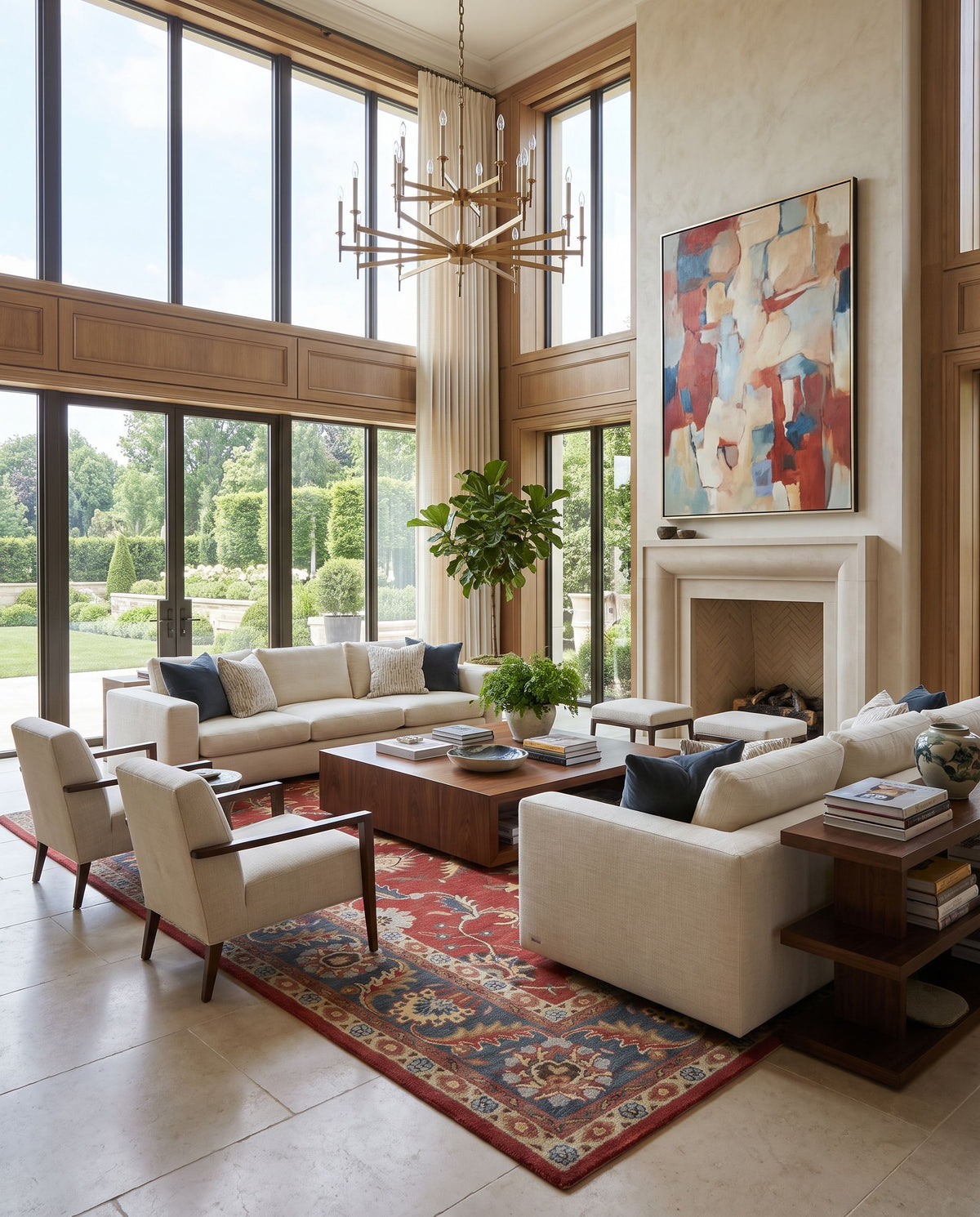 Bryony Hand Tufted Rug styled in an elegant designer living room — hand tufted traditional area rug in navy, taupe, dark brown and rust tones