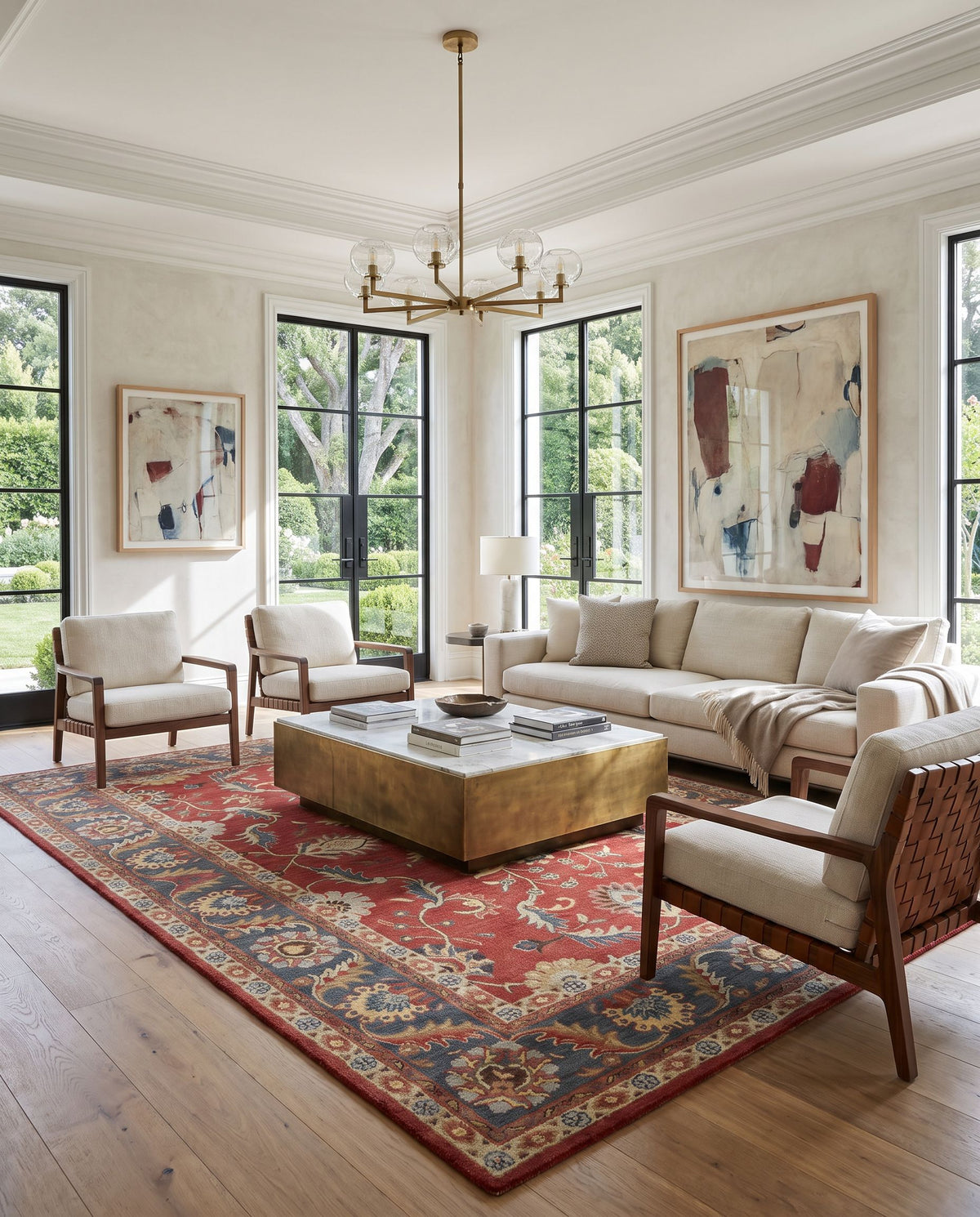 Bryony Hand Tufted Rug styled in an elegant designer living room — hand tufted traditional area rug in navy, taupe, dark brown and rust tones