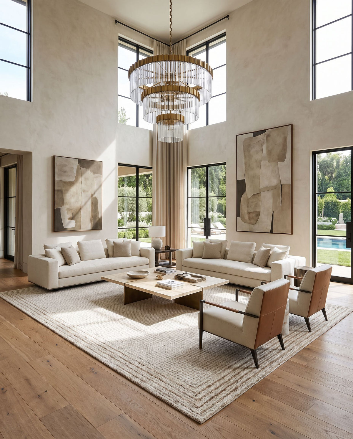 Camogli Hand Tufted Rug as the centerpiece of a bright luxury living room — a hand tufted cottage area rug in ivory, sandstone and linen tones