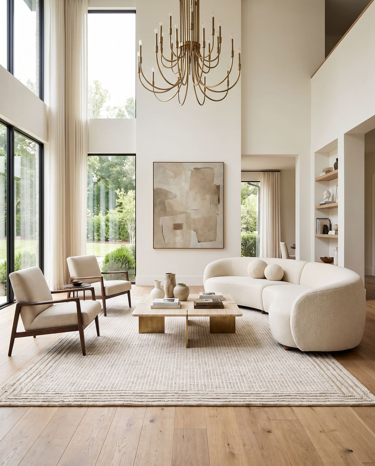 Camogli Hand Tufted Rug styled in an elegant designer living room — hand tufted cottage area rug in ivory, sandstone and linen tones
