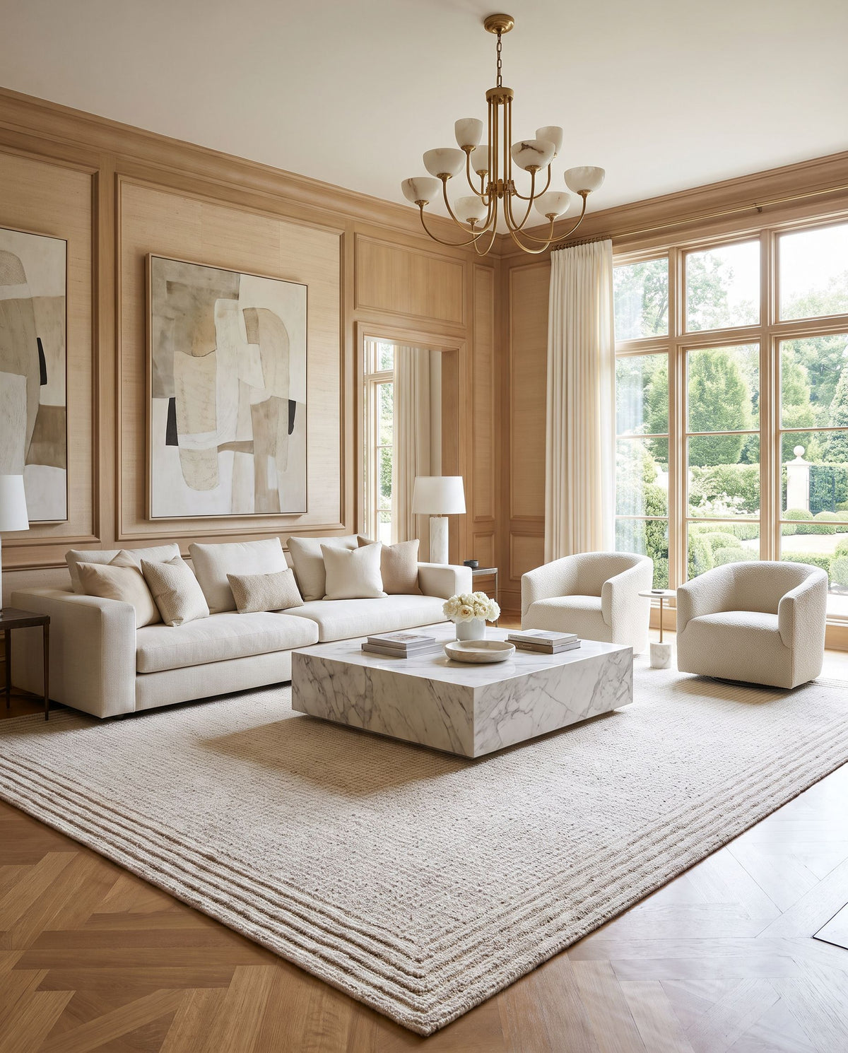 Camogli Hand Tufted Rug styled in an elegant designer living room — hand tufted cottage area rug in ivory, sandstone and linen tones