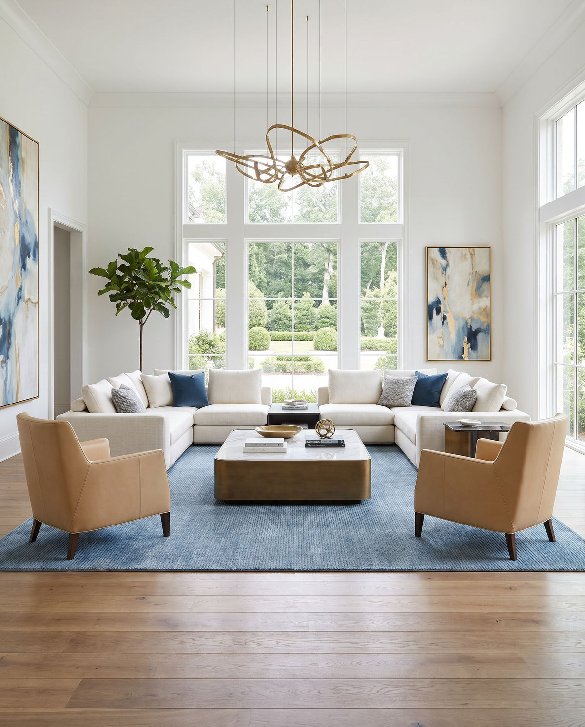 Cankiri Hand Tufted Rug styled in an elegant designer living room — hand tufted modern area rug in sky blue, slate and steel blue tones