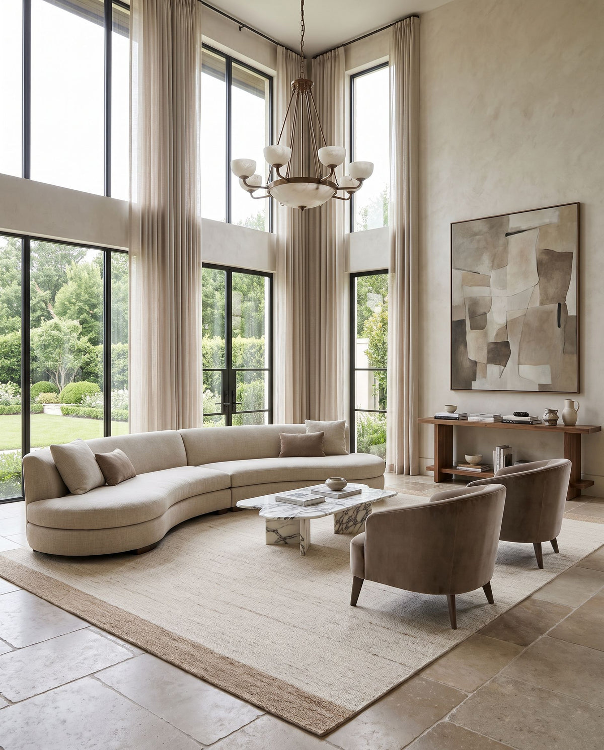Cetara Hand Tufted Rug as the centerpiece of a bright luxury living room — a hand tufted cottage area rug in ivory, sand and beige tones