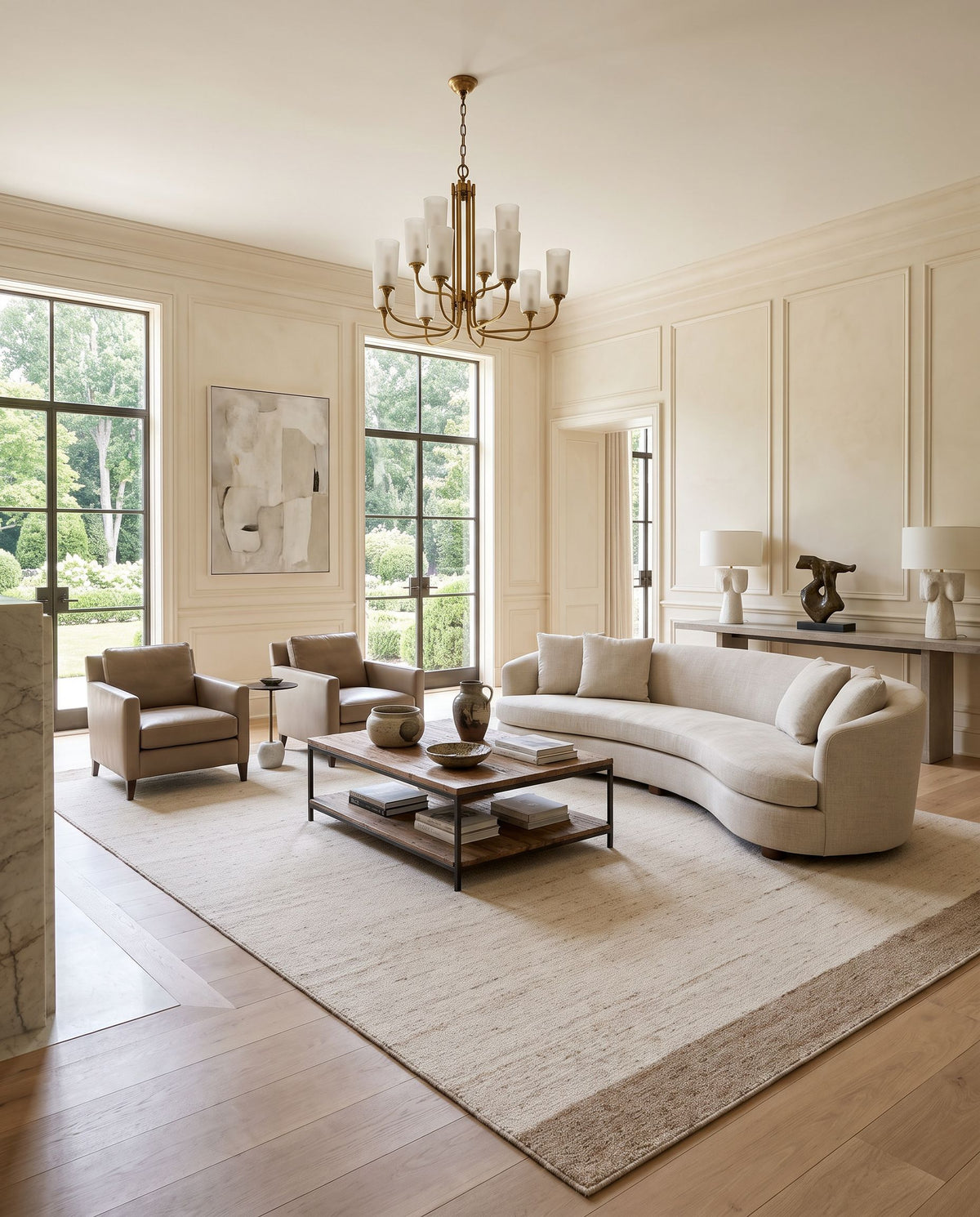 Cetara Hand Tufted Rug styled in an elegant designer living room — hand tufted cottage area rug in ivory, sand and beige tones