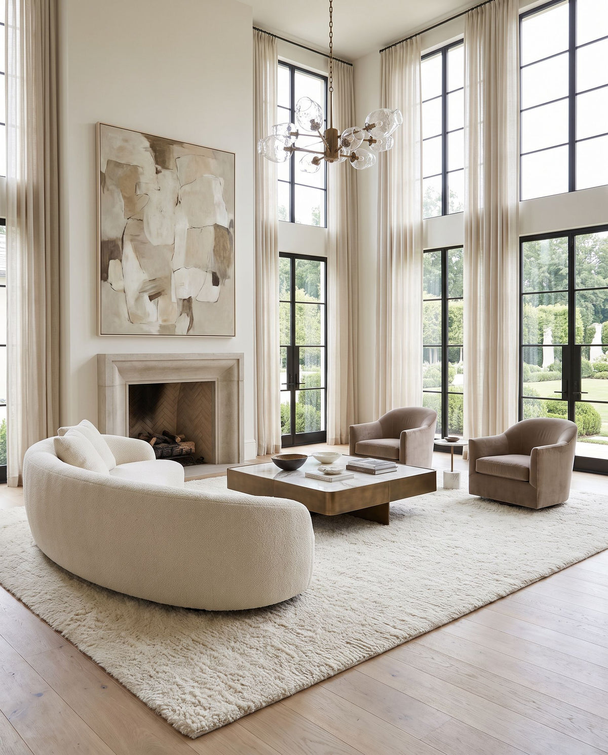 Ceyhan Hand Woven Rug styled in an elegant designer living room — hand woven modern area rug in ivory tones