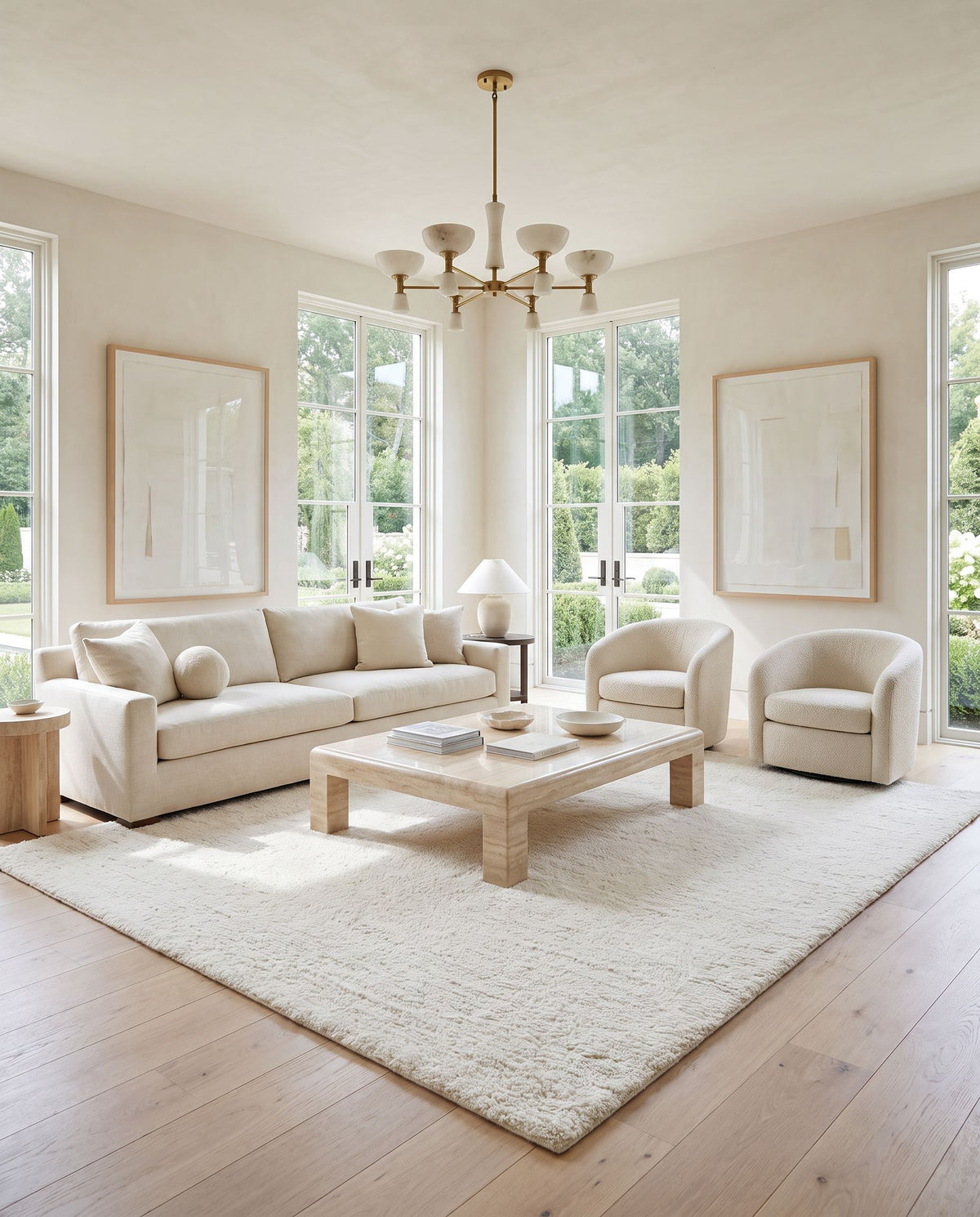 Ceyhan Hand Woven Rug styled in an elegant designer living room — hand woven modern area rug in ivory tones