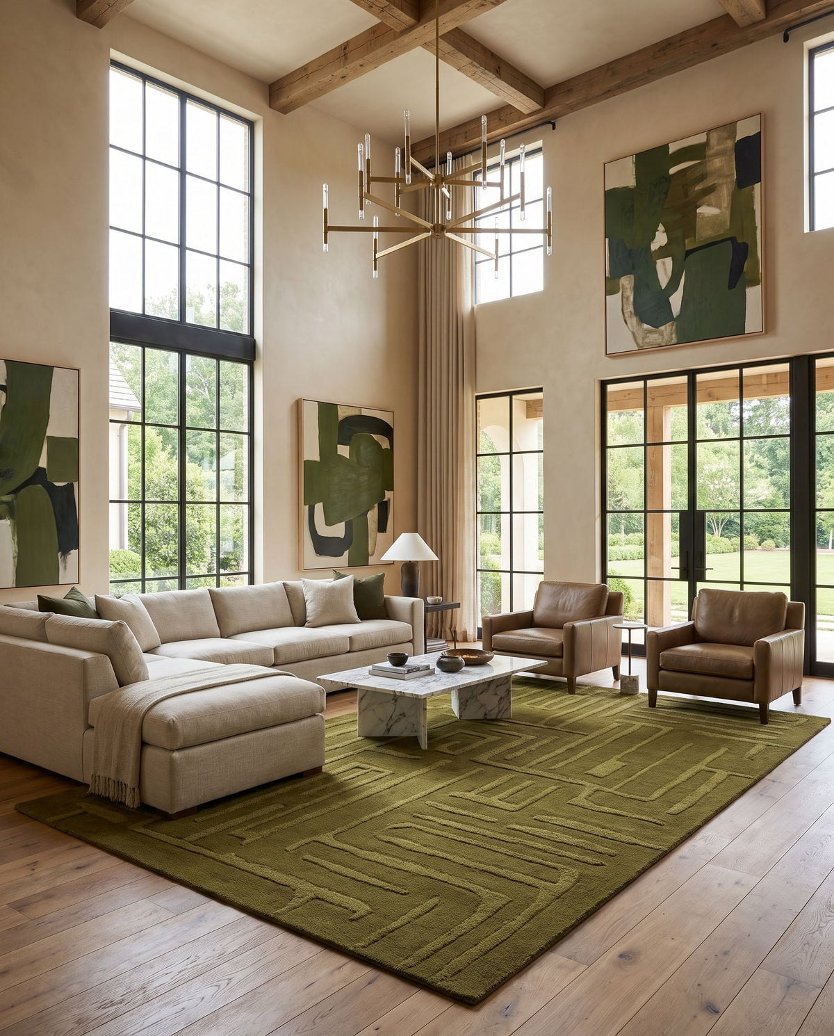 Datca Hand Tufted Rug styled in an elegant designer living room — hand tufted modern area rug in warm neutral tones