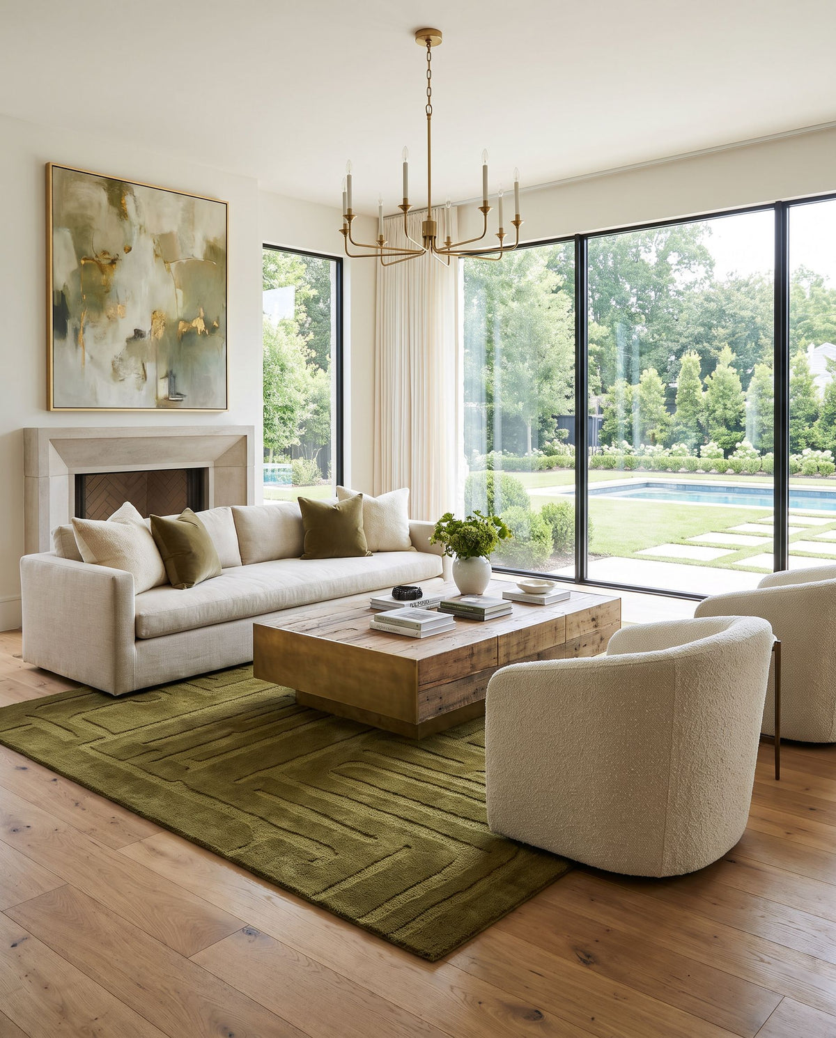 Datca Hand Tufted Rug styled in an elegant designer living room — hand tufted modern area rug in warm neutral tones
