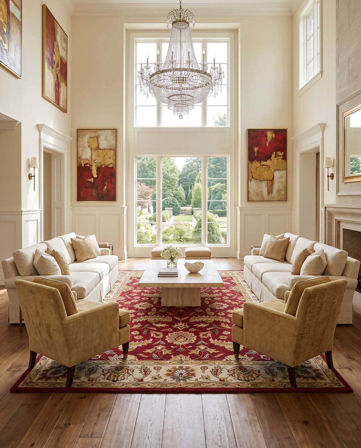 Deneb Hand Tufted Rug as the centerpiece of a bright luxury living room — a hand tufted traditional area rug in rust, light gray, ivory and navy tones